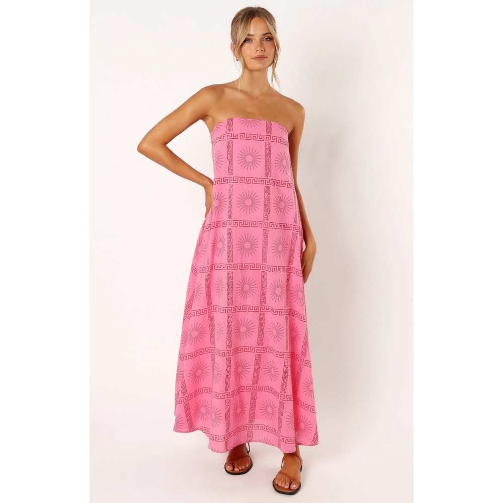 Petal & Pup Soph Strapless Maxi Dress Womens Size S Pink Red Geometric Sun Print - Picture 5 of 6